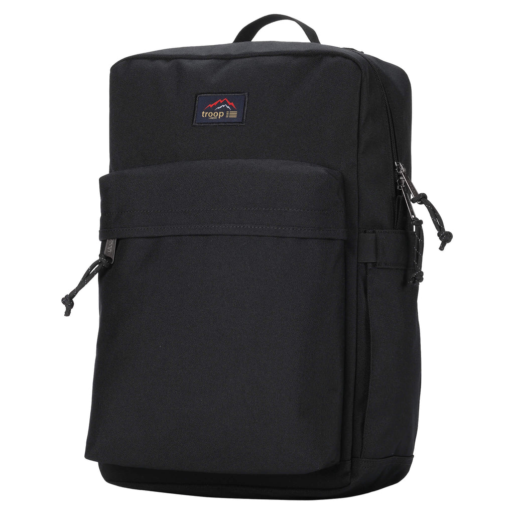 Black Troop London Urban Daypack backpack with sleek design, multiple zip compartments, and adjustable straps.