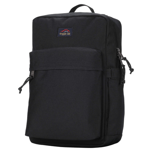 Black Troop London Urban Daypack backpack with sleek design, multiple zip compartments, and adjustable straps.