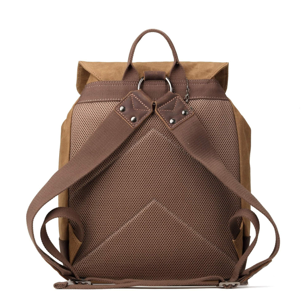 Troop London Heritage Waxed Canvas Laptop Backpack in camel, featuring sturdy straps and multiple compartments.