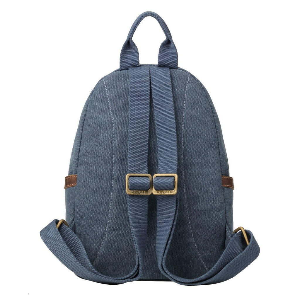 Small charcoal canvas backpack with tablet sleeve from Troop London, featuring a compact design and adjustable straps.