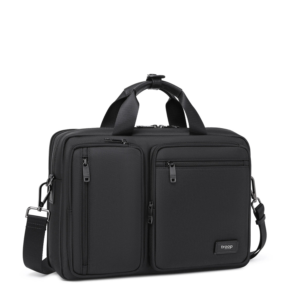 Black Troop London business briefcase for laptops, stylish leather bag with handles and shoulder strap, ideal for professional use.