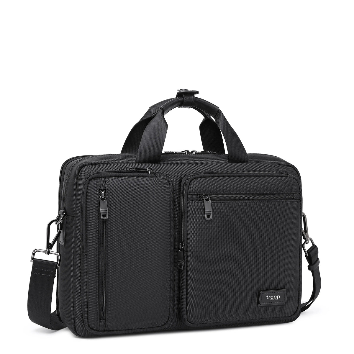 Black Troop London business briefcase for laptops, stylish leather bag with handles and shoulder strap, ideal for professional use.