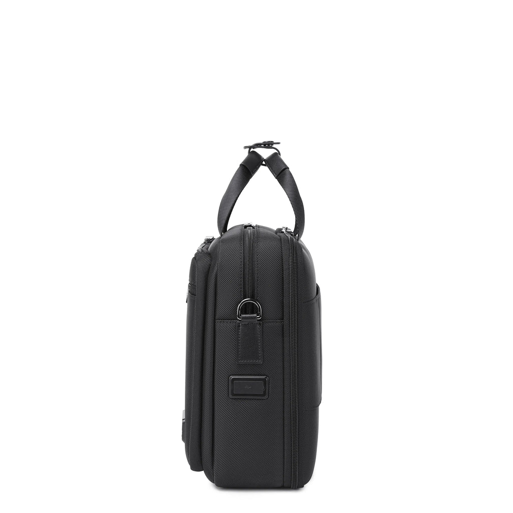 Black Troop London business laptop bag briefcase with sturdy handles and organized interior for professional use.
