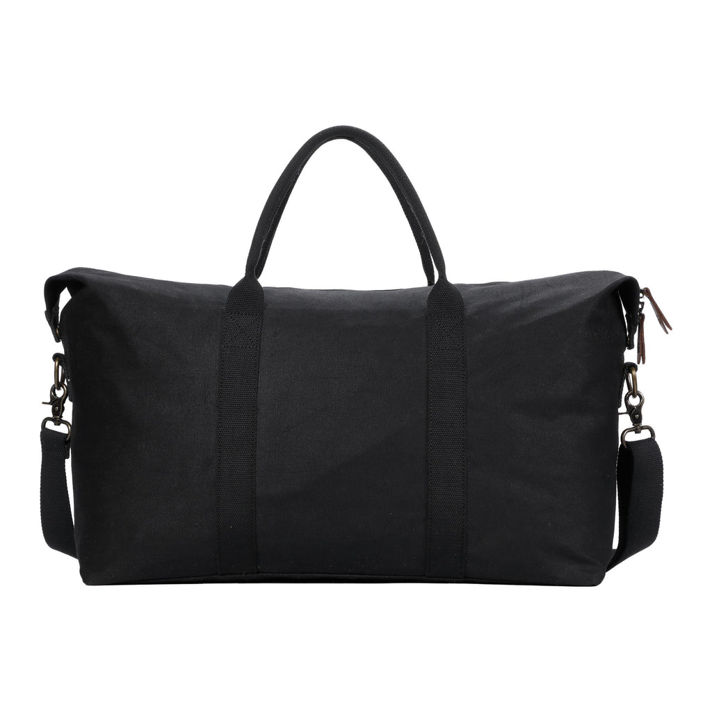 Large black Heritage waxed canvas holdall by Troop London, featuring sturdy handles and spacious interior for travel or daily use.