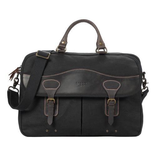 Troop London Heritage Canvas 15-inch laptop briefcase, a black messenger bag with durable canvas and leather accents.