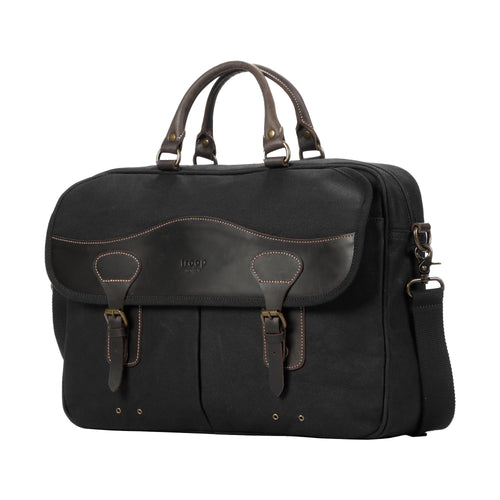 Troop London Heritage Canvas Messenger Bag with 15-inch laptop compartment in black, durable and stylish for everyday use.