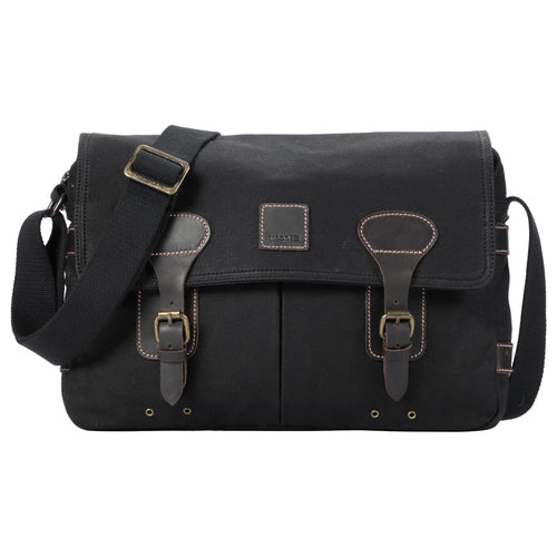 Troop London Heritage Canvas 13-inch slim laptop messenger bag in black with adjustable strap and sturdy design.