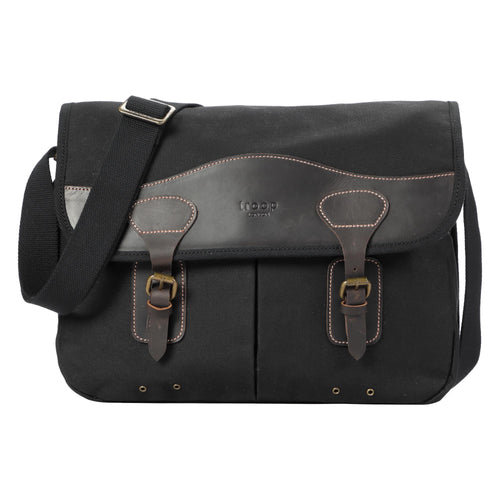 Troop London Heritage Canvas Messenger Bag in black, 13-inch size with adjustable strap and durable design.