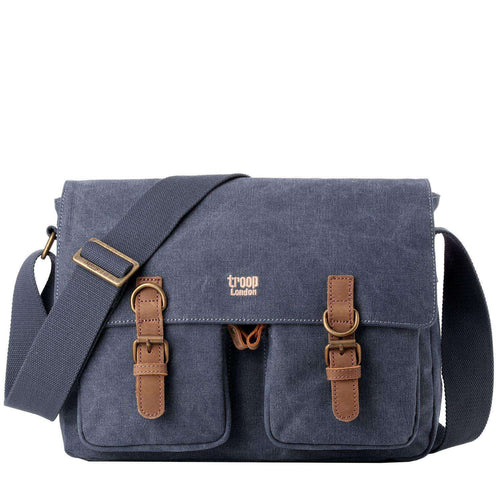 Blue Troop London Classic Canvas Messenger Bag with adjustable strap and front pocket, stylish and functional for everyday use.