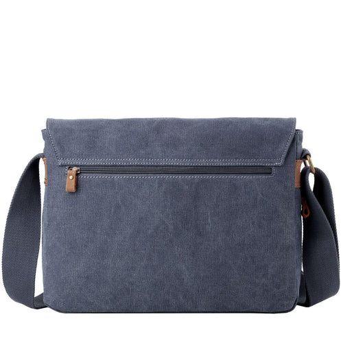 Blue classic canvas messenger bag by Troop London with adjustable shoulder strap and front flap closure.