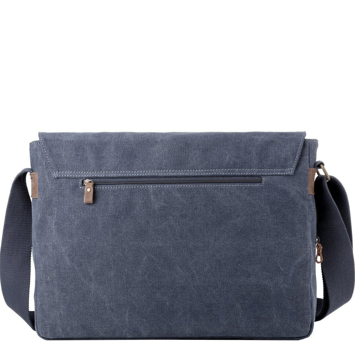 Charcoal canvas Troop London large 18-inch messenger bag with adjustable shoulder strap and multiple compartments for laptop and accessories.