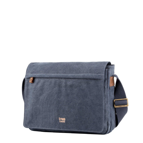 Charcoal canvas Troop London 16.5-inch messenger bag with adjustable strap and multiple compartments for laptops and essentials.
