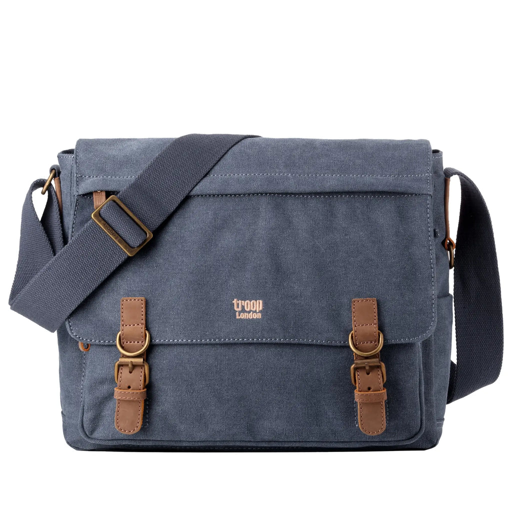 Troop London charcoal canvas laptop messenger bag with adjustable strap and multiple pockets for everyday use.