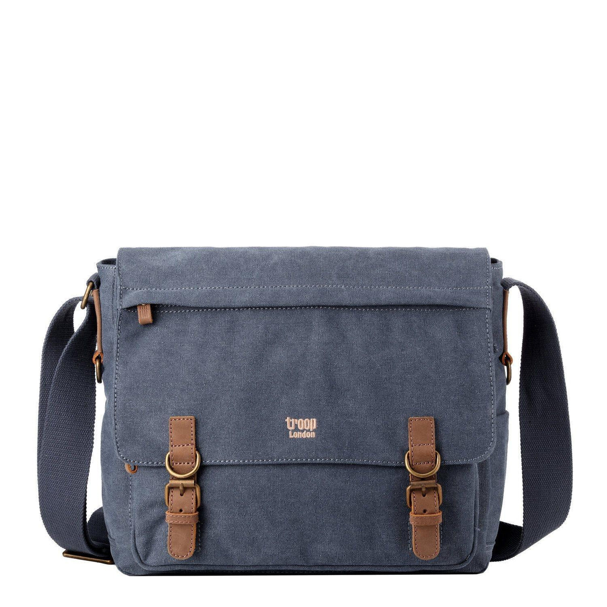 Charcoal canvas Troop London messenger bag with laptop compartment, stylish and durable for everyday use.