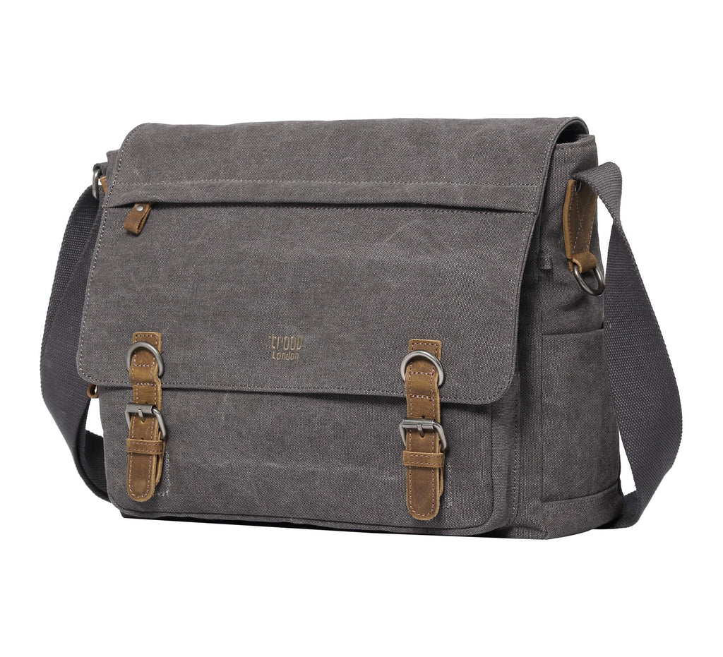 Charcoal canvas Troop London messenger bag with adjustable strap and laptop compartment for everyday carry.