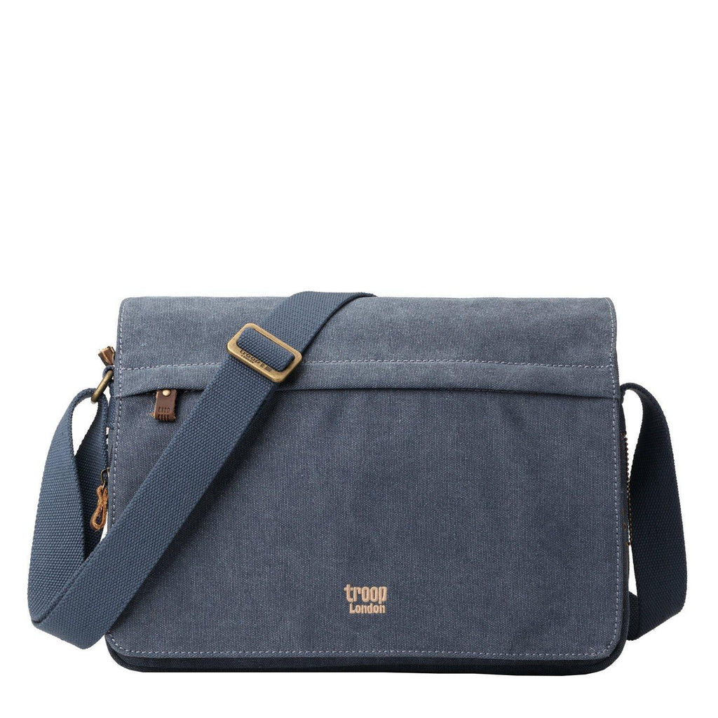 Charcoal classic canvas messenger bag by Troop London with adjustable strap and front pocket for everyday use
