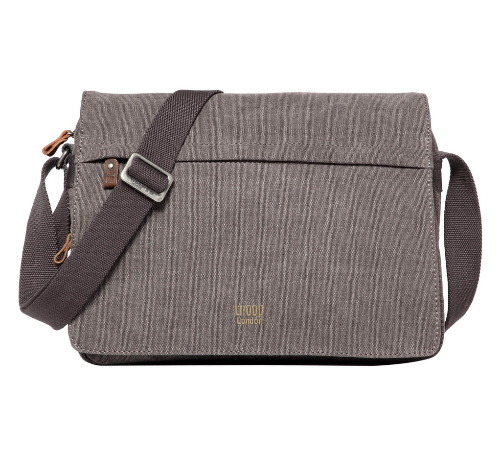 Charcoal Troop London Classic Canvas Messenger Bag with adjustable strap and front flap closure.