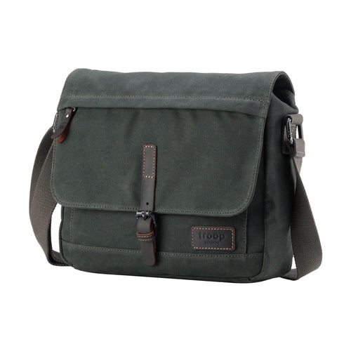 Dark green Heritage Waxed Canvas Messenger Bag from Troop London with adjustable strap and front flap closure.