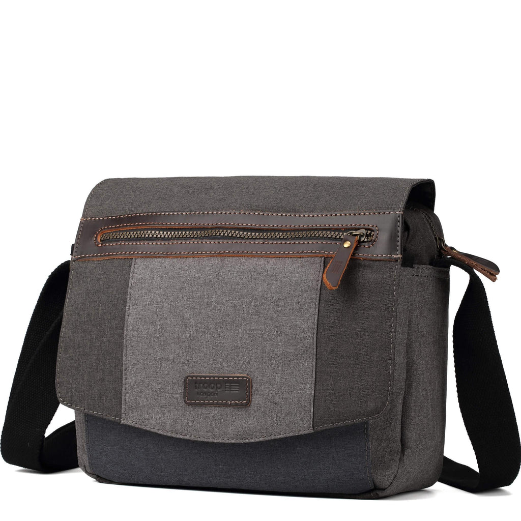 Grey Urban Canvas Messenger Bag by Troop London, featuring a durable strap and spacious interior for everyday use.