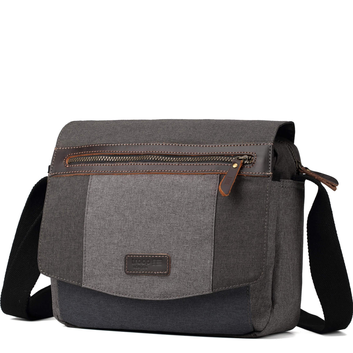 Grey Urban Canvas Messenger Bag by Troop London, featuring a durable strap and spacious interior for everyday use.