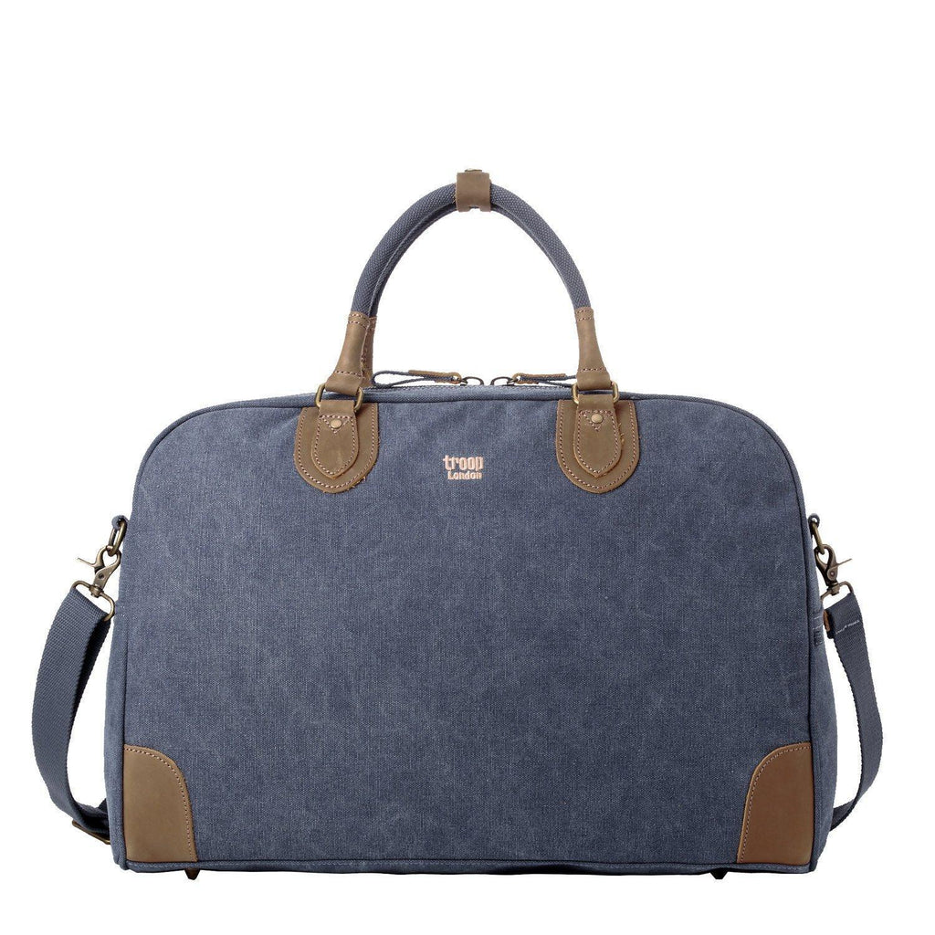 Large charcoal canvas travel holdall by Troop London, 45L capacity, durable luggage bag with sturdy handles and spacious interior.