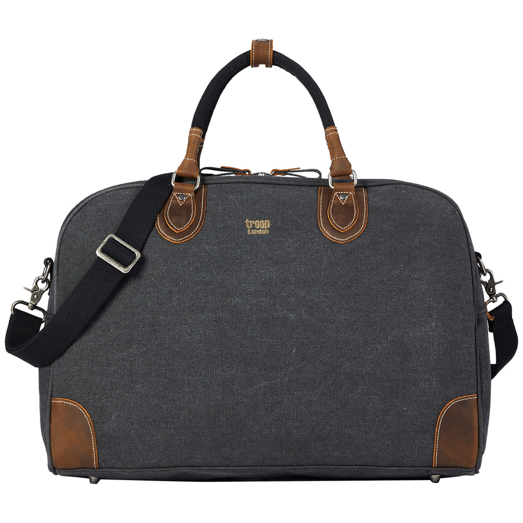 Large charcoal canvas travel holdall bag by Troop London, 45L luggage with sturdy handles and spacious interior.
