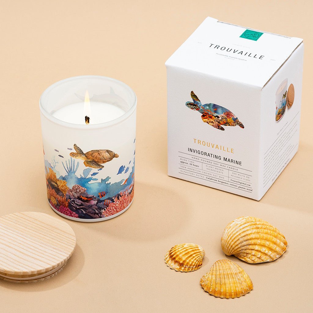 Trouvaille Marine Soy Scented Candle with fresh bergamot and vetiver, showcasing a sleek candle design and natural wax finish.