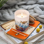Marine Soy Scented Candle by Trouvaille with fresh bergamot and vetiver in a glass jar, showcasing its elegant candle design.