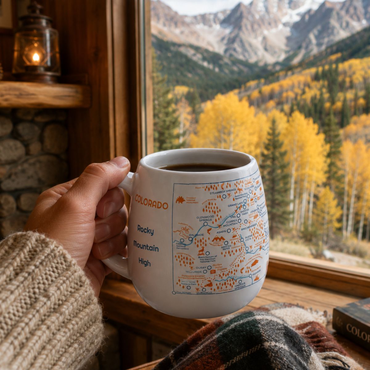 Color-in Colorado map travel mug by Trouvaille featuring a white mug with a detailed Colorado state outline for coloring.