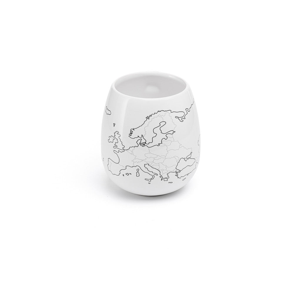 Trouvaille Europe map color-in travel mug featuring a detailed map design on a ceramic mug for travel enthusiasts.