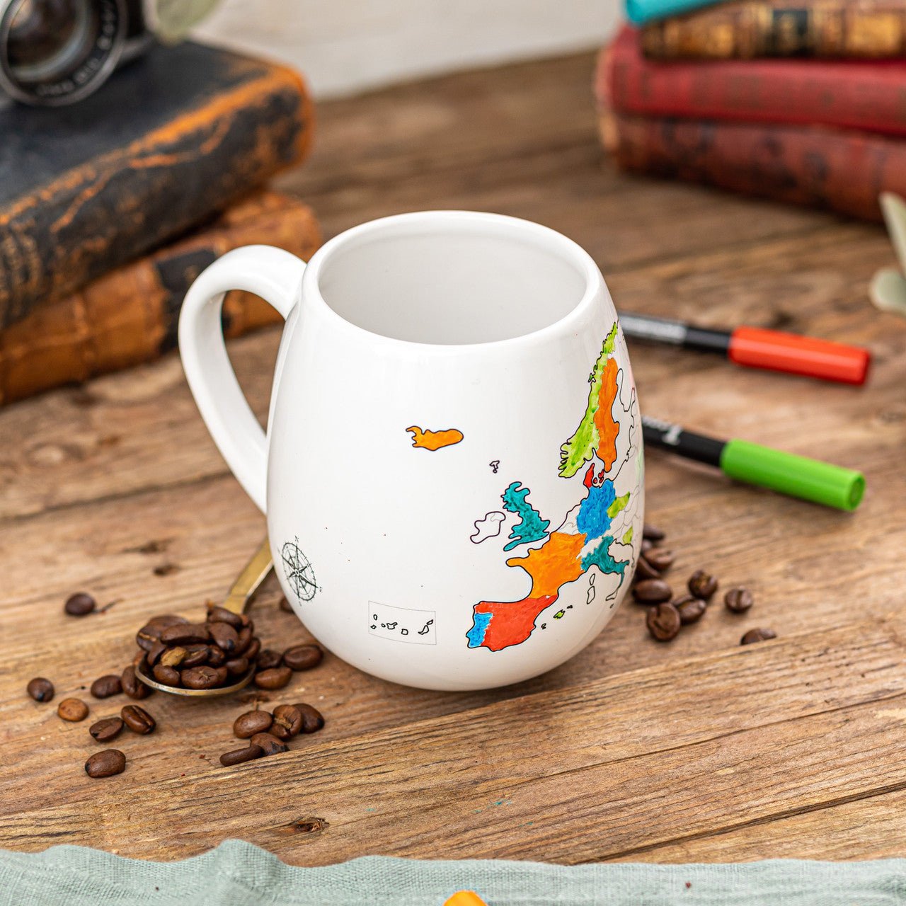 Trouvaille Europe Map Colour-In Travel Mug with a blank Europe map for coloring and marking visited countries.