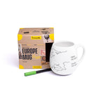 Trouvaille Europe map color-in travel mug with a white background and detailed map design on the mug surface.