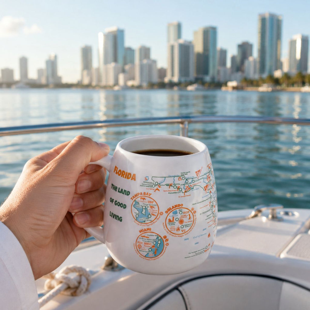 Color-in Florida map travel mug by Trouvaille featuring a vibrant, customizable design suitable for coloring and travel enthusiasts.