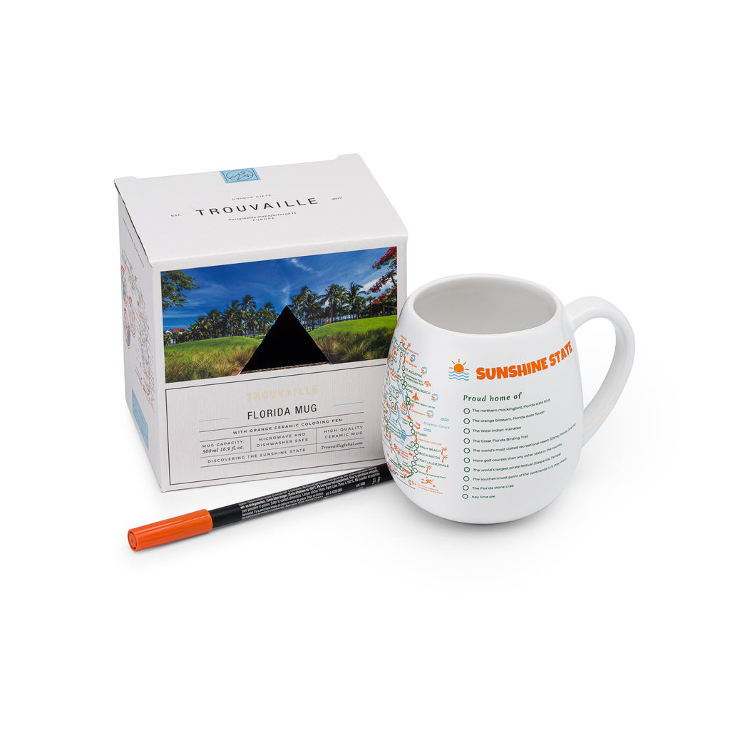 Colour-in Florida map travel mug by Trouvaille, featuring a blank map design for coloring, with a sleek cylindrical shape and travel-friendly lid.