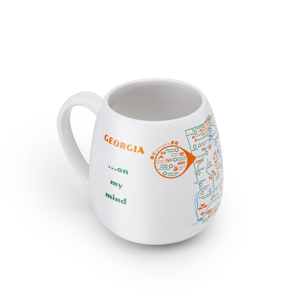 Trouvaille Georgia Map color-in travel mug featuring a detailed map design on a ceramic mug for coloring fun.