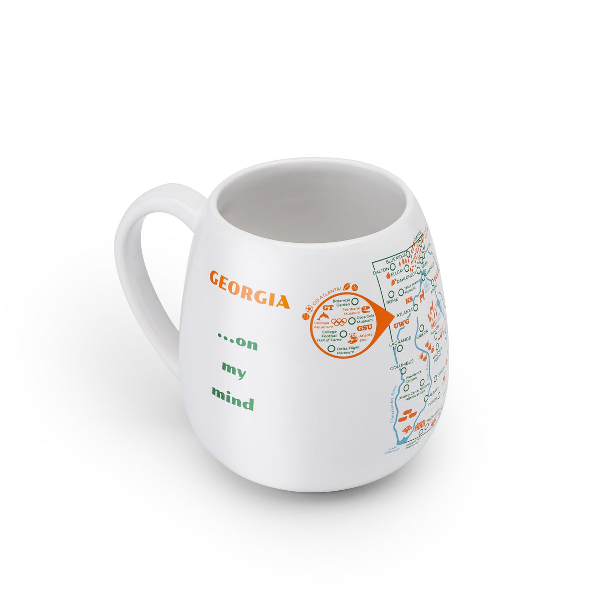 Trouvaille Georgia Map color-in travel mug featuring a detailed map design on a ceramic mug for coloring fun.