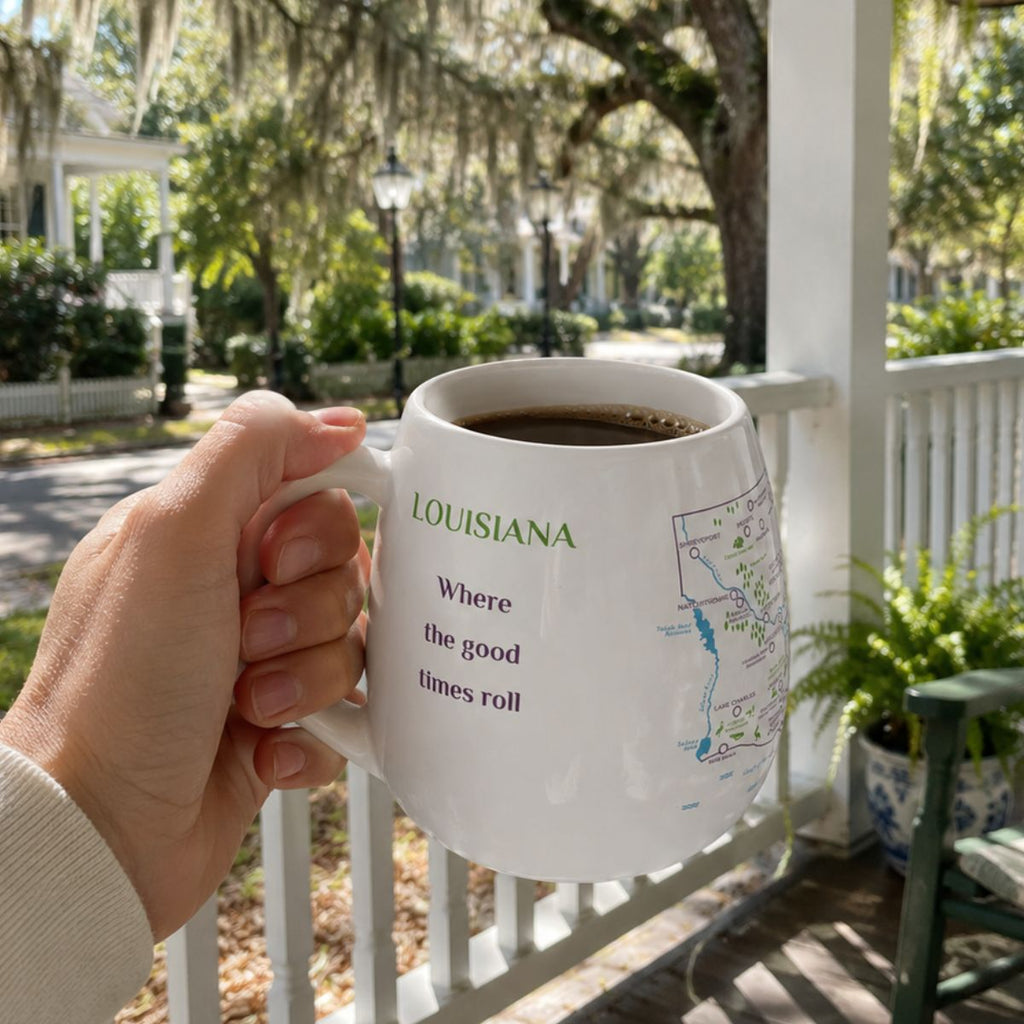 Trouvaille Louisiana map color-in travel mug with a white background and detailed Louisiana state outline.