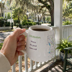 Trouvaille Louisiana map color-in travel mug with a white background and detailed Louisiana state outline.