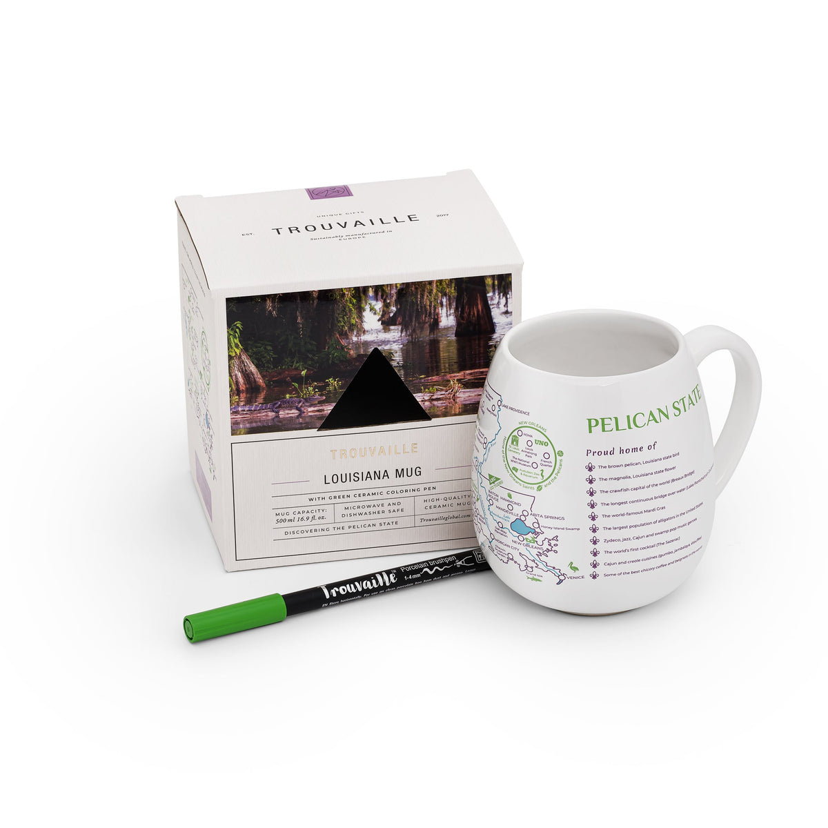 Trouvaille Louisiana Map color-in travel mug featuring a detailed Louisiana state outline and vibrant map design.