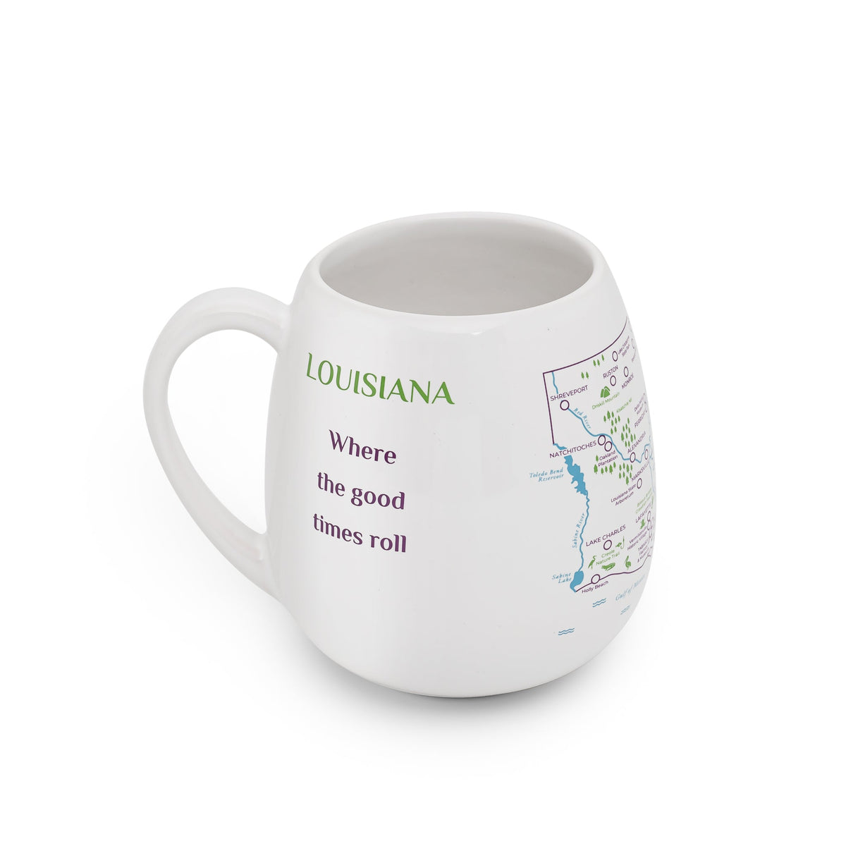 Trouvaille Louisiana map color-in travel mug with a white background and detailed Louisiana state outline.