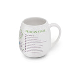 Trouvaille Louisiana map color-in travel mug featuring a detailed Louisiana state outline on a white mug.