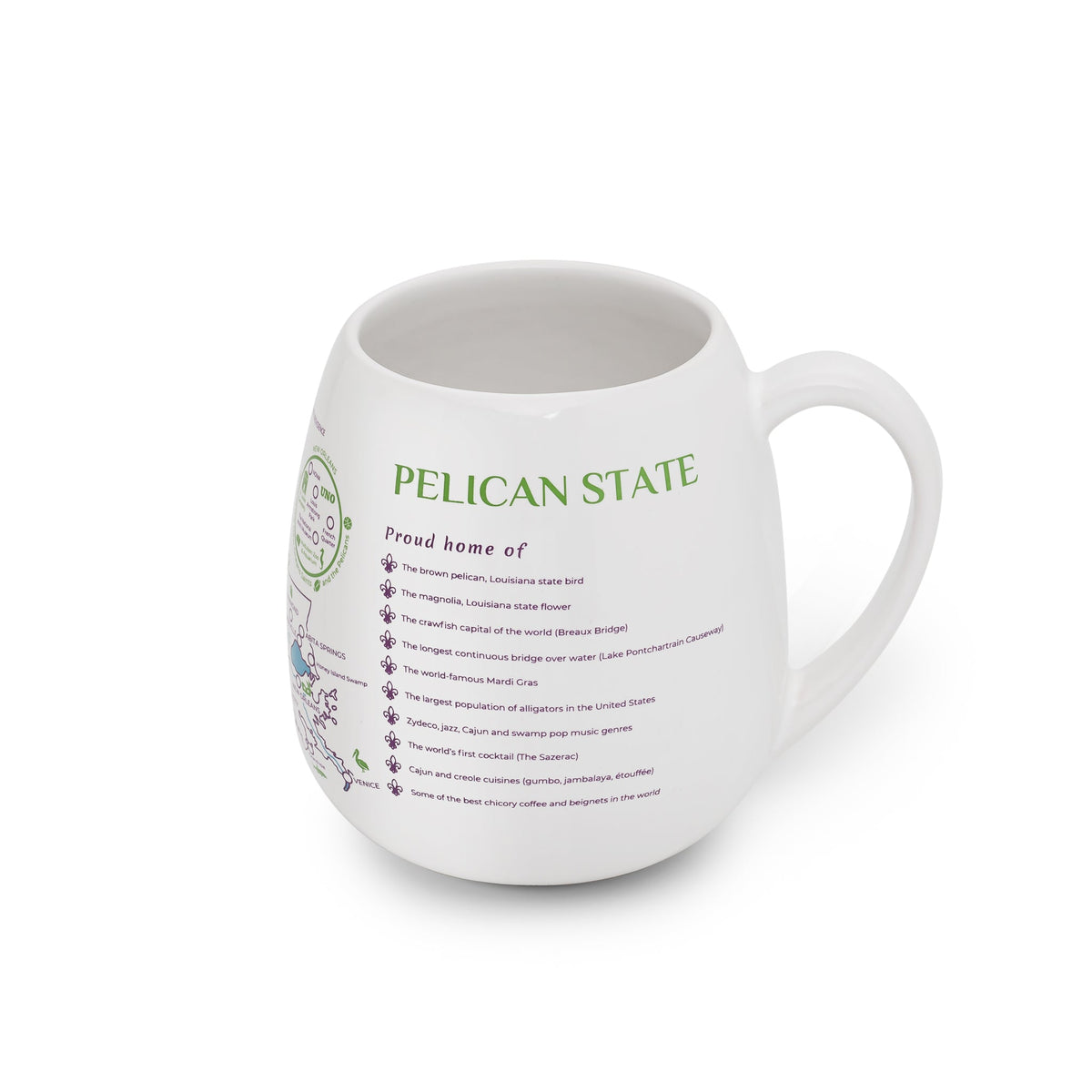 Trouvaille Louisiana map color-in travel mug featuring a detailed Louisiana state outline on a white mug.