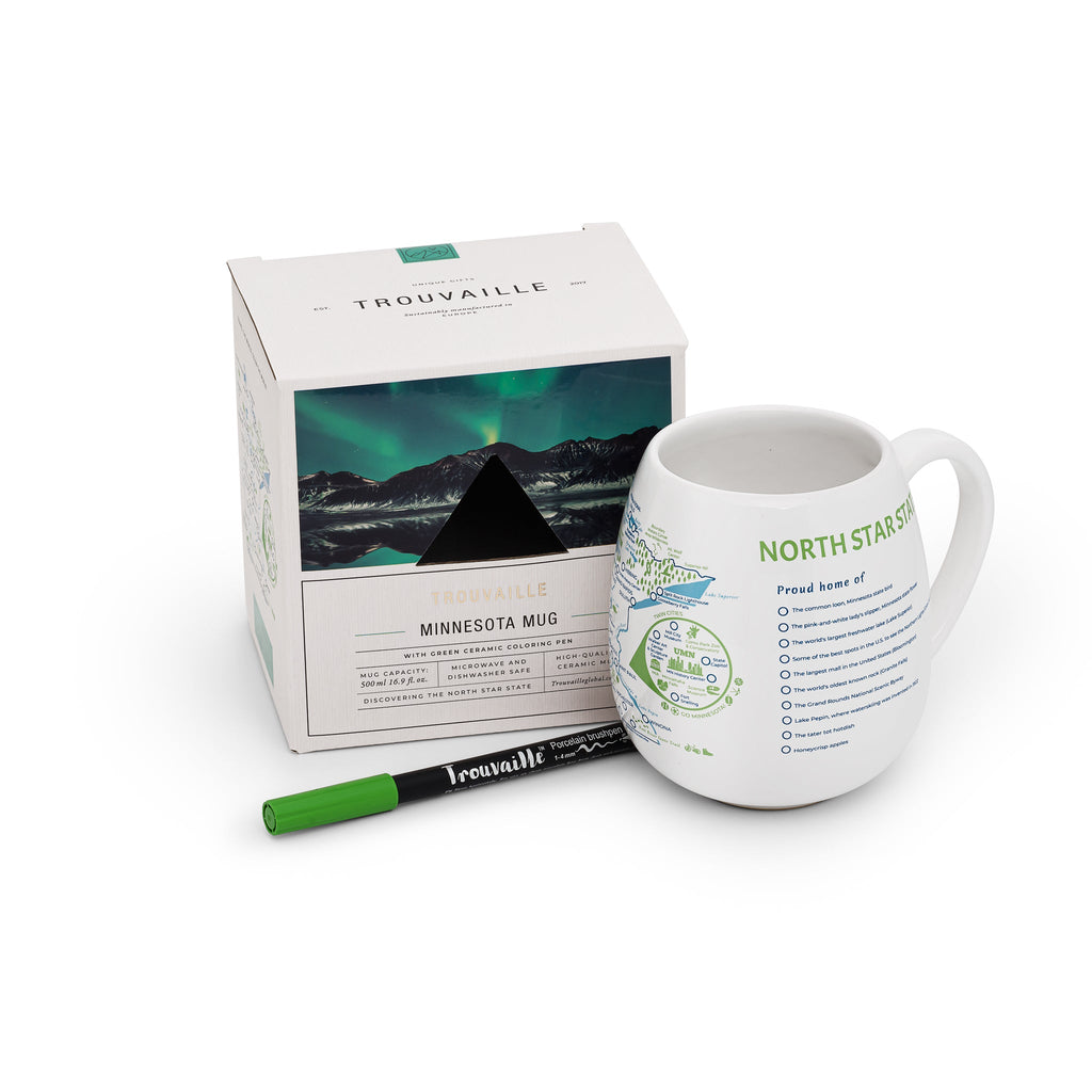 Color-in travel mug featuring a Minnesota map design by Trouvaille, with a white background and detailed state outline.