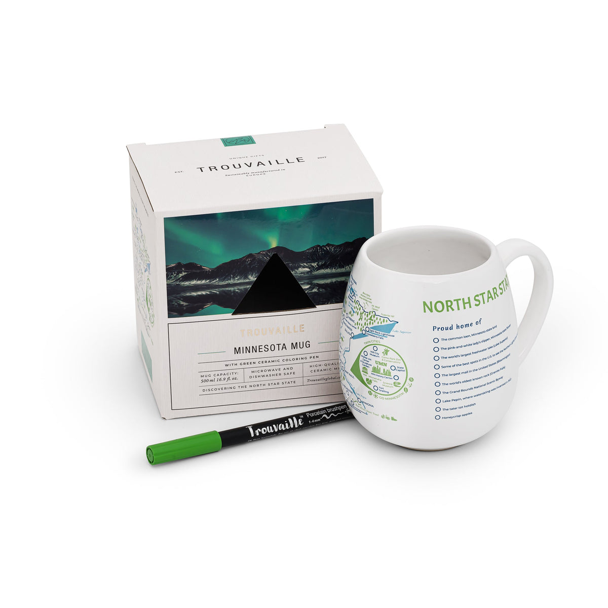Color-in travel mug featuring a Minnesota map design by Trouvaille, with a white background and detailed state outline.