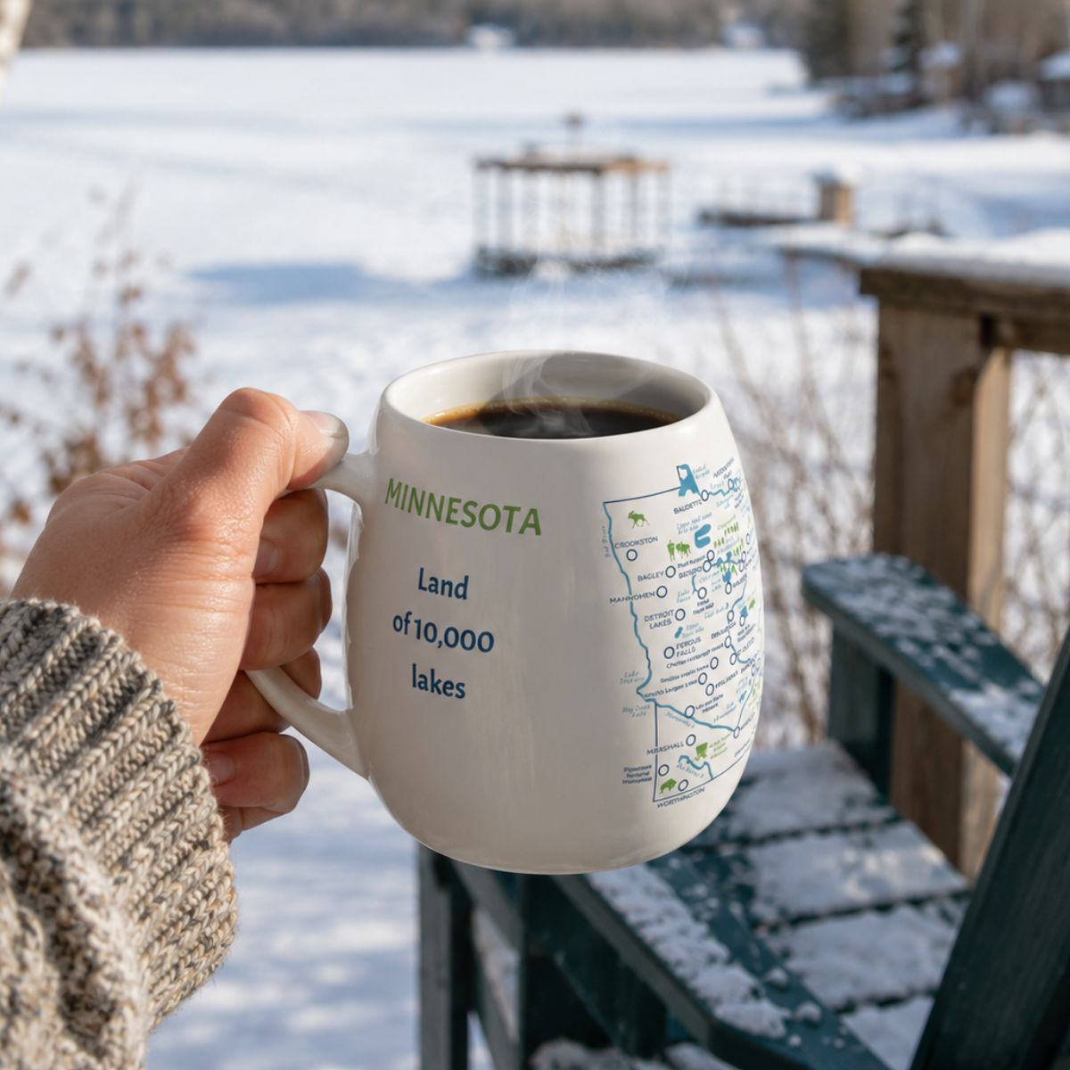 Trouvaille Minnesota map color-in travel mug with a white mug featuring an outline of Minnesota for coloring.