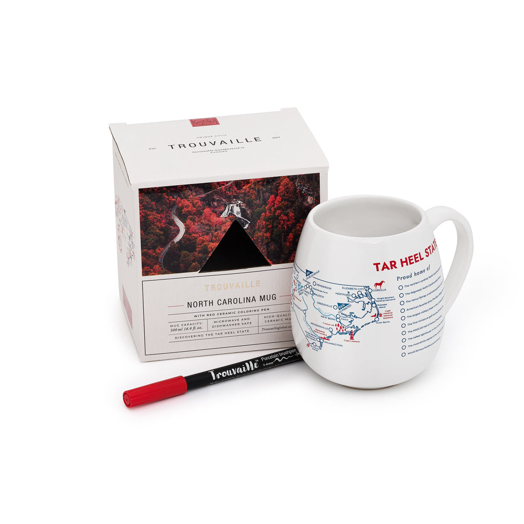Trouvaille North Carolina map color-in travel mug featuring a blank outline of North Carolina for coloring.