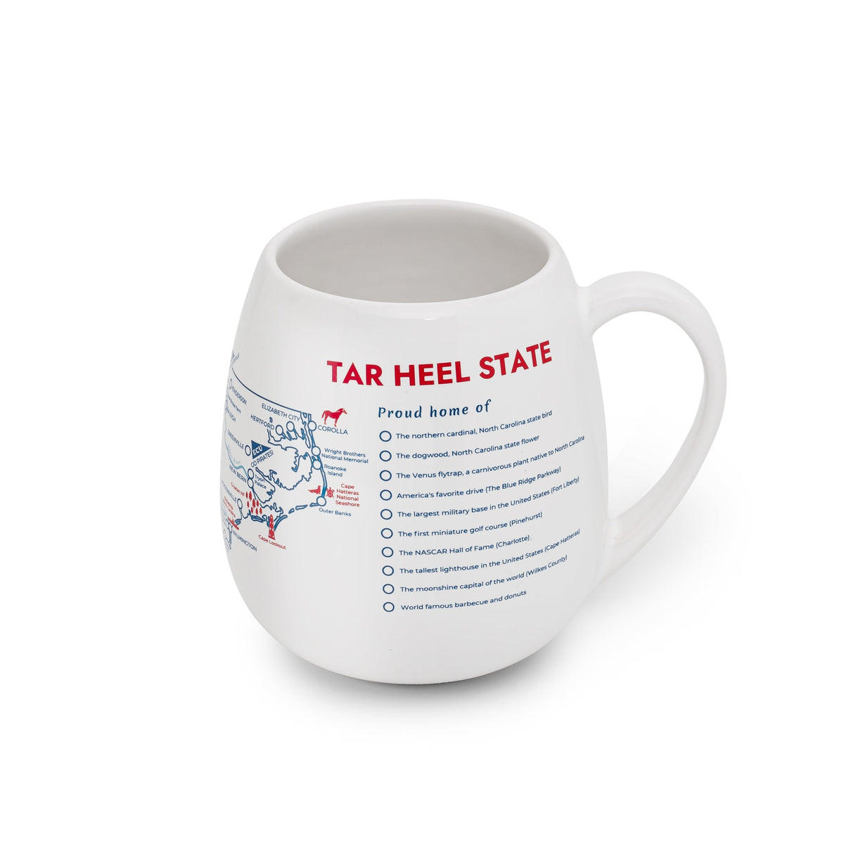 Color-in travel mug featuring North Carolina map design by Trouvaille, with a white background and vibrant outline of the state.