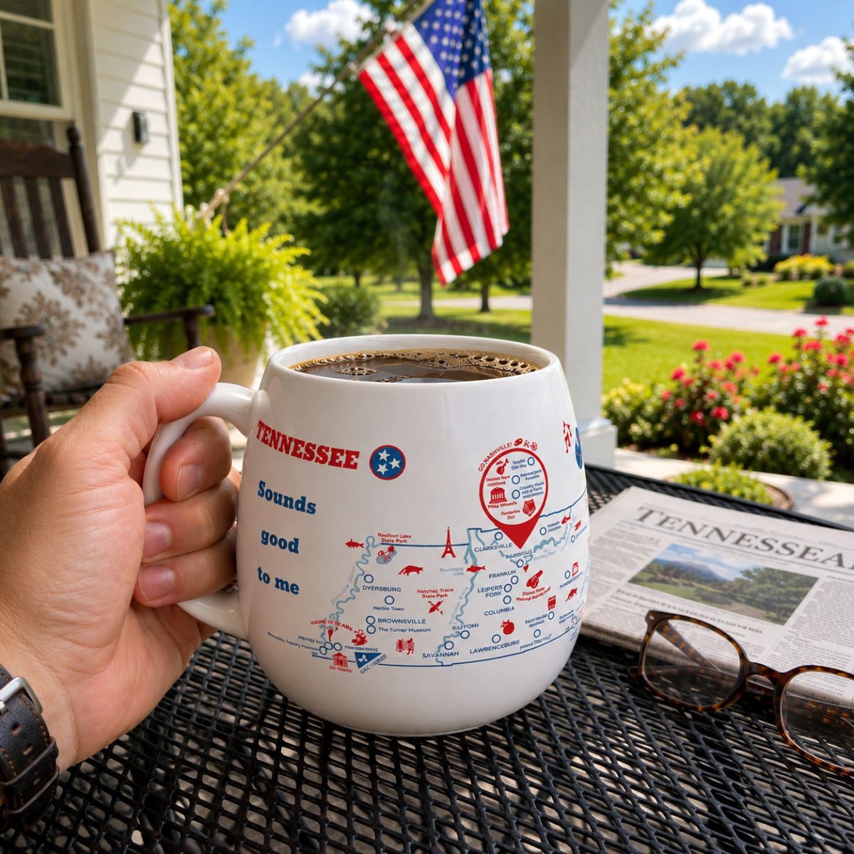 Color-in travel mug featuring a Tennessee map design by Trouvaille, with a white background and vibrant map outline.