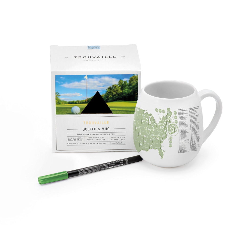 Trouvaille US Golf Courses color-in mug featuring a detailed golf course design on a white ceramic mug.