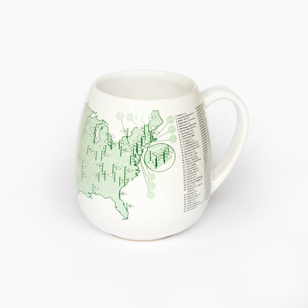Trouvaille US Golf Courses color-in mug featuring a detailed golf course design ready to be colored in.